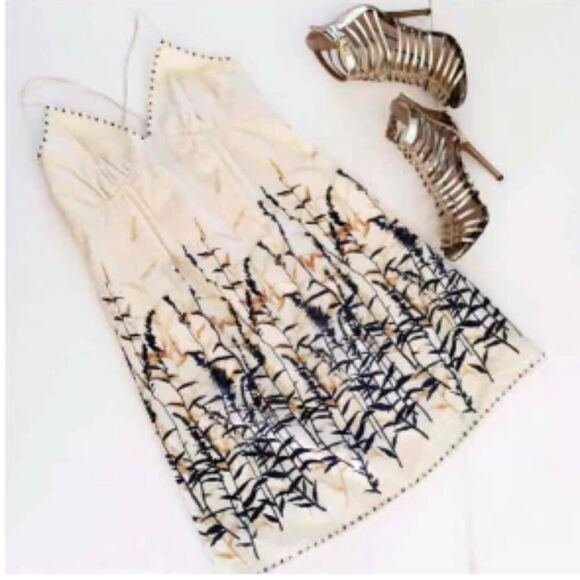 BCBG BCBGMAXAZRIA Silk Blend Bamboo Cream Floral Slip Tank Mini sundress Dress - Picture 3 of 12